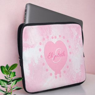 Capa Para Notebook Quic Girly Pink Heart Monograma Primeira Aquarela