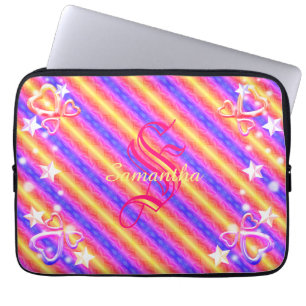 Capa Para Notebook Rainbow Stripe Monogram Name Sparkle Hearts Girly