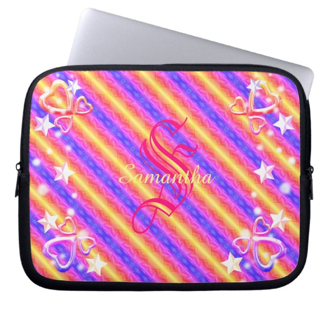 Capa Para Notebook Rainbow Stripe Monogram Name Sparkle Hearts Girly (Frente)