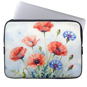 Capa Para Notebook Ramalhete de Papoula Vermelha em Aquarela com Cent