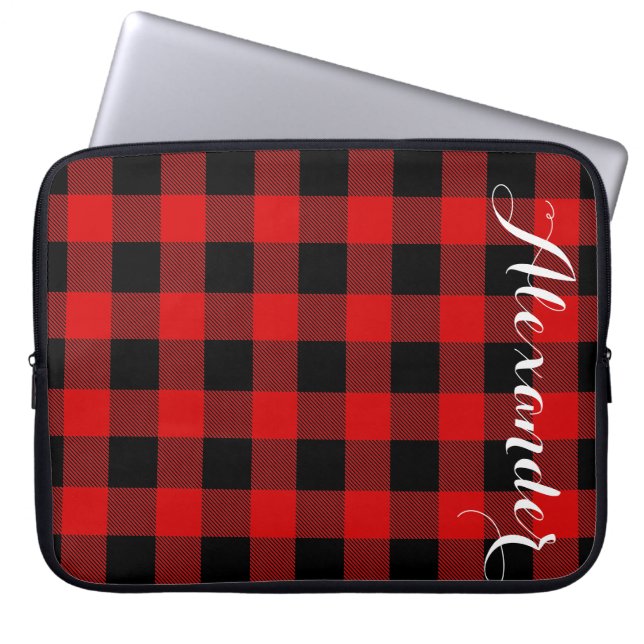 Capa Para Notebook Red Black Buffalo Check Nome da Xadrez Monograma N (Frente)