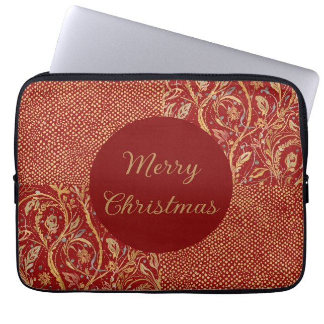 Capa Para Notebook Red Gold Pixels and Flowers, Gold Merry Christmas (Frente)
