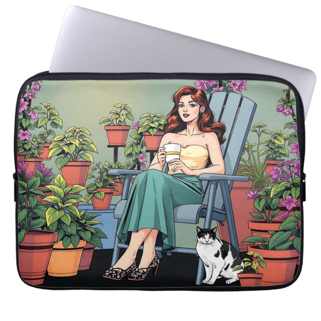 Capa Para Notebook Relaxamento com Café, Gatos e Plantas (Frente)