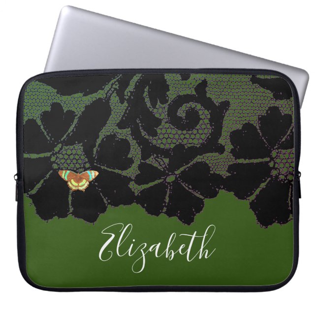 Capa Para Notebook Renda preta com borboleta em manga de neoprene ver (Frente)