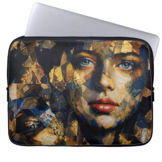 Capa Para Notebook Retrato de Mulher em Mosaico Azul e Dourado Elegan