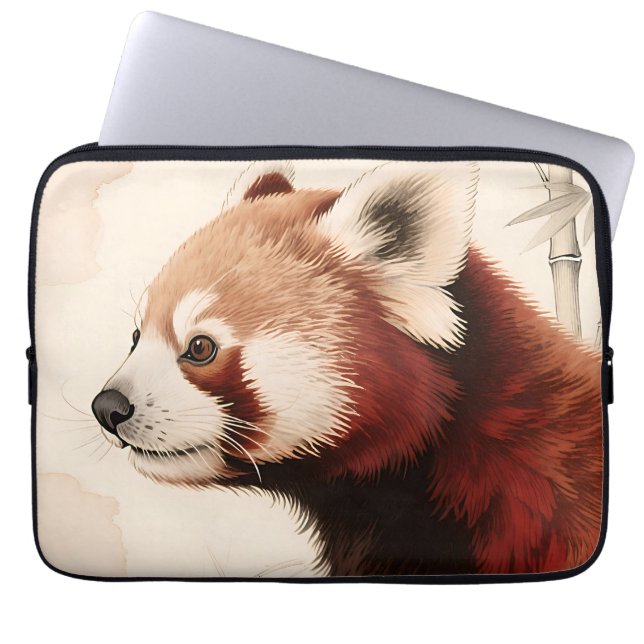 Capa Para Notebook Retrato em Aquarela do Panda Vermelho com Bambu (Frente)