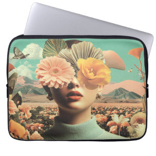 Capa Para Notebook Retrato Feminino Surrealista com Flores Cobrindo o