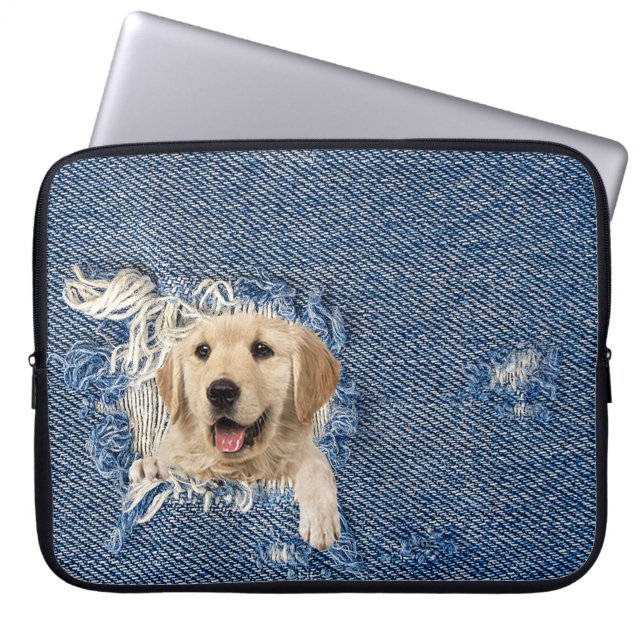 Capa Para Notebook Retriever de ouro no Buraco Denim (Frente)