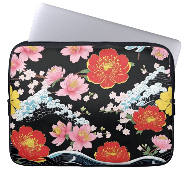 Capa Para Notebook Retro Modern Seigaiha Sakura Flowers Japan party (Frente)
