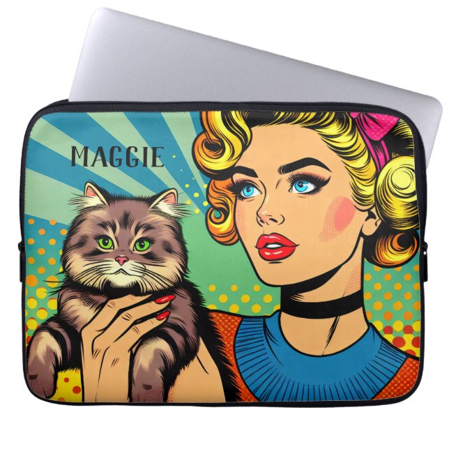 Capa Para Notebook Retro Senhora e Gato Personalizado (Frente)