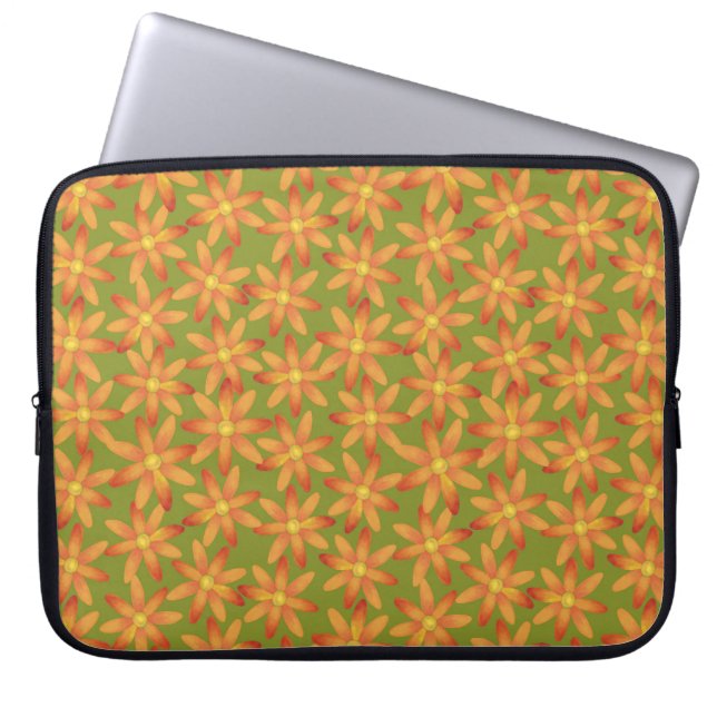 Capa Para Notebook Retro Sunburst Daisy Floral em Oliva Dourada (Frente)
