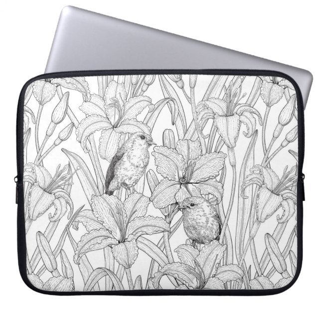 Capa Para Notebook Robins e flores, preto e branco (Frente)