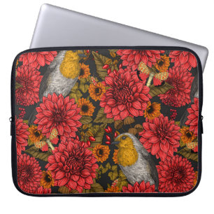 Capa Para Notebook Robins no jardim do outono, dahlias vermelhas em p