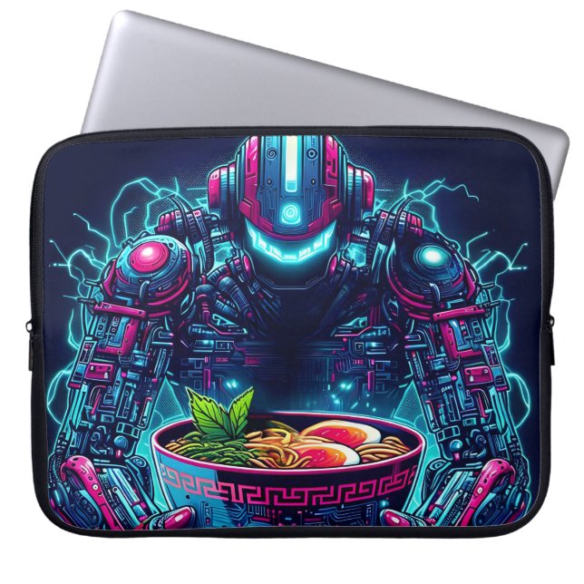 Capa Para Notebook Robô Futurista Ciberpunk Neon Comida Ramen (Frente)