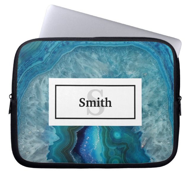 Capa Para Notebook Rocha de Geode Azul Agate com Nome e Monograma (Frente)