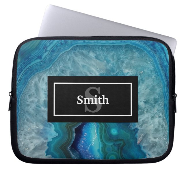 Capa Para Notebook Rocha de Geode Azul Agate com Nome e Monograma (Frente)