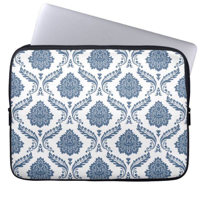 Capa Para Notebook Rococó Damask Grande Padrão Azul sobre Branco (Frente)
