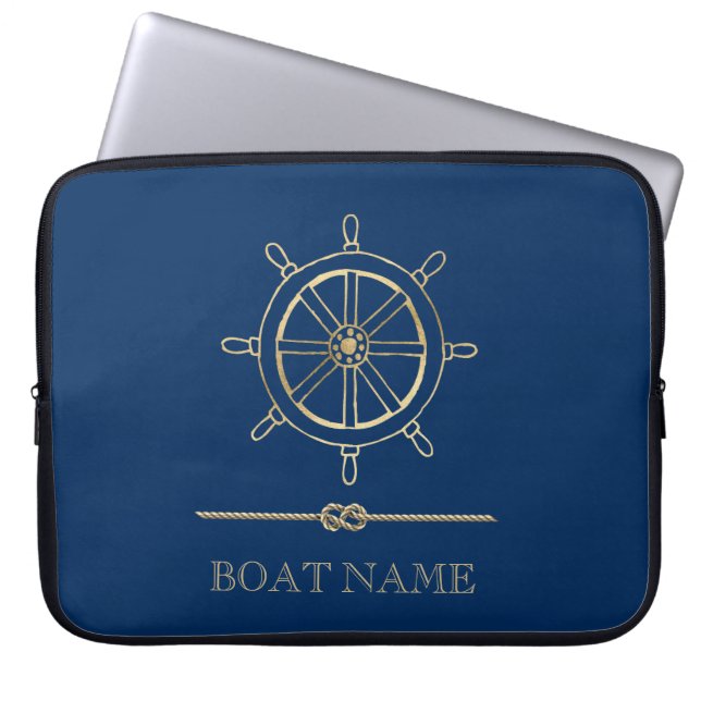 Capa Para Notebook Roda de Leme Náutico Dourada, Azul Marinho   (Frente)