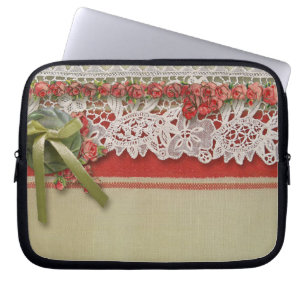 Capa Para Notebook Rosa Antiga Renda Rustico Vermelho Veludo Burlap