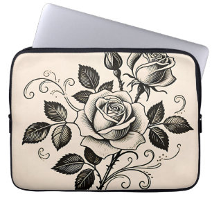Capa Para Notebook Rosa Botânica Clássica Preta Vintage em Flor