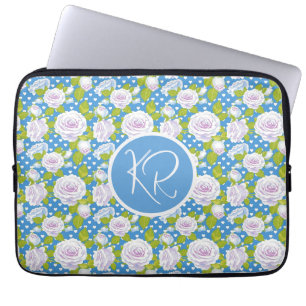 Capa Para Notebook Rosa Branca Floral Azul Monograma Inicial Tendênci