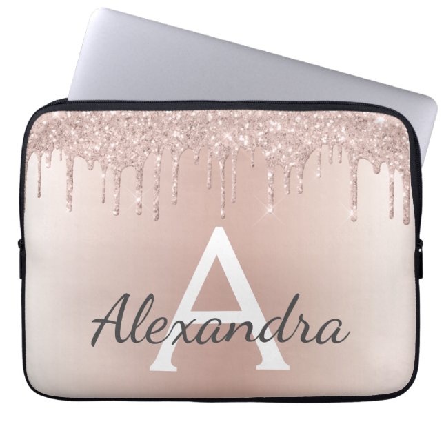 Capa Para Notebook Rosa Cor-de-Rosa Rosa Dourada Glitter Gota Monogra (Frente)