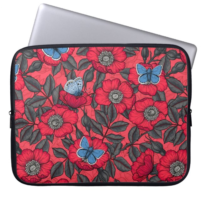 Capa Para Notebook Rosa de cão e borboletas em vermelho e azul (Frente)