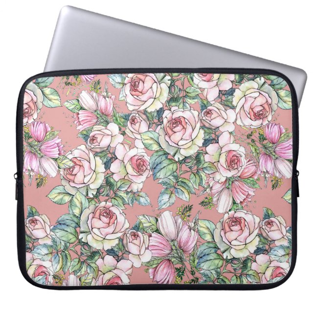 Capa Para Notebook Rosa de flores de jardim com tulipas pintadas em á (Frente)