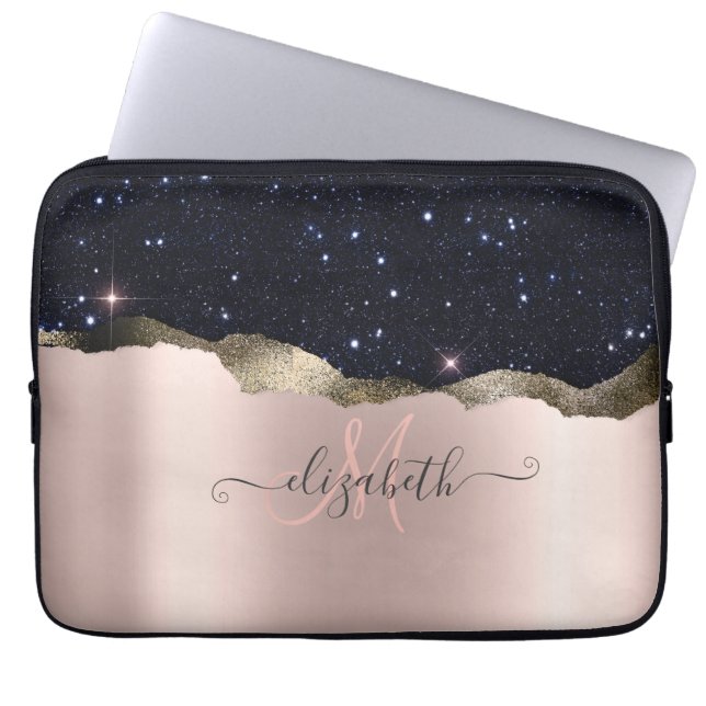 Capa Para Notebook Rosa Dourada Monograma Moderno com Brilho Preto (Frente)