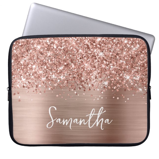 Capa Para Notebook Rosa Dourado Glam Glitter Script Manuscrito Nome (Frente)