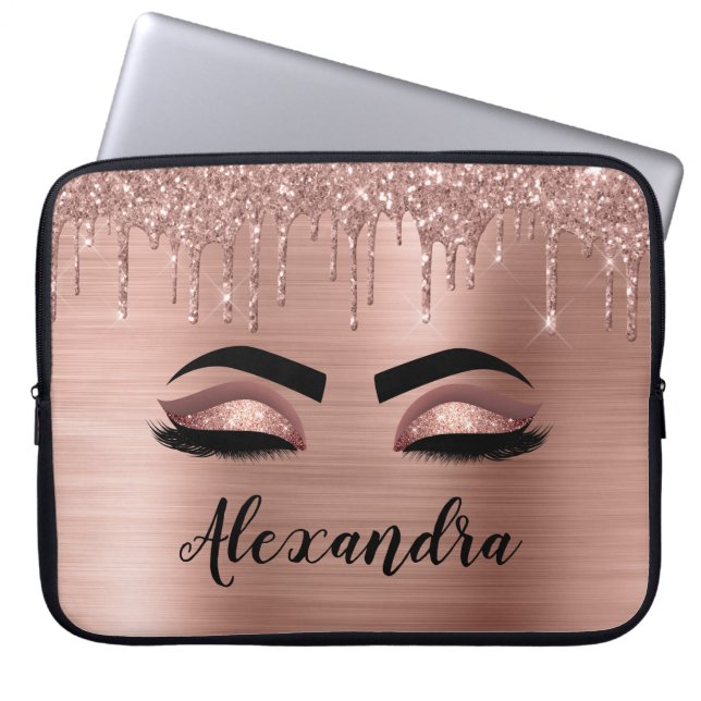 Capa Para Notebook Rosa Dourado Glitter Sparkle Eyelashes Monograma (Frente)