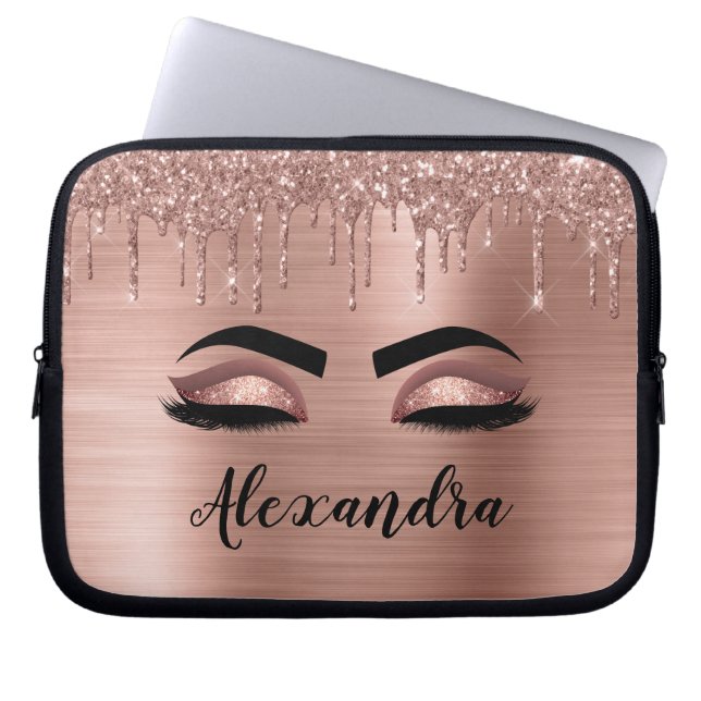 Capa Para Notebook Rosa Dourado Glitter Sparkle Eyelashes Monograma (Frente)