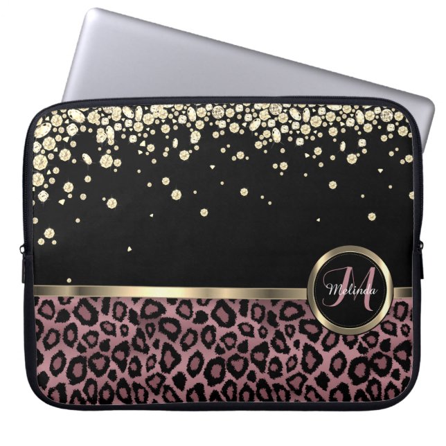 Capa Para Notebook Rosa Dourado, Leopardo Negro com Diamantes Dourado (Frente)