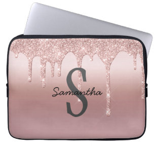 Capa Para Notebook Rosa Dourado Monograma Brilho Gotejante Blush Rosa
