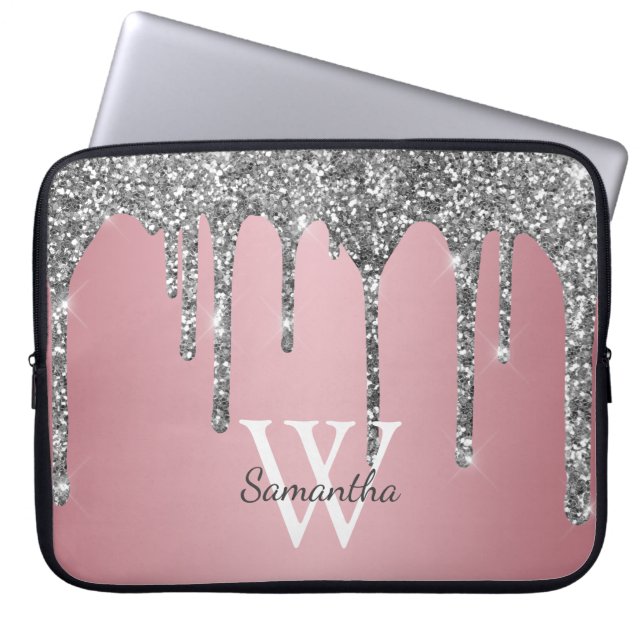 Capa Para Notebook Rosa Dourado Rosa Monograma Nome com Pingos de Bri (Frente)