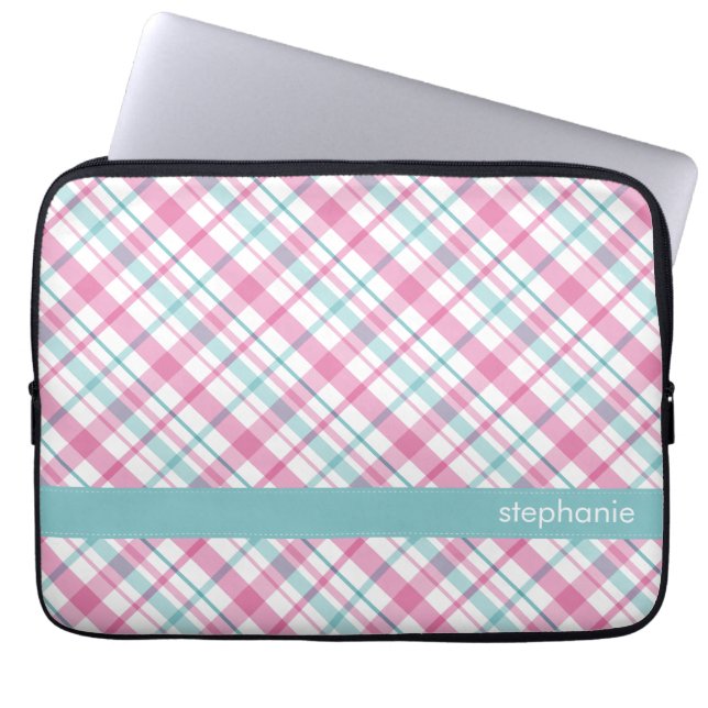 Capa Para Notebook Rosa e teste padrão da xadrez da cerceta (Frente)