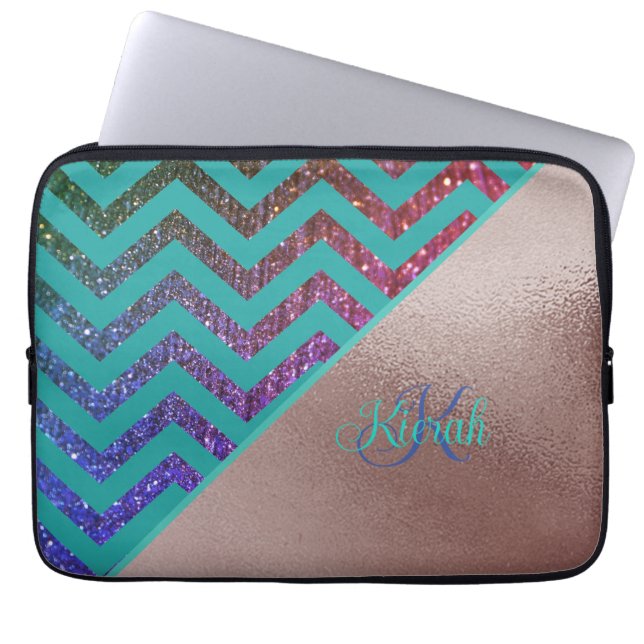 Capa Para Notebook Rosa Gold Foil Glittery Chevron Teal Green Girly (Frente)
