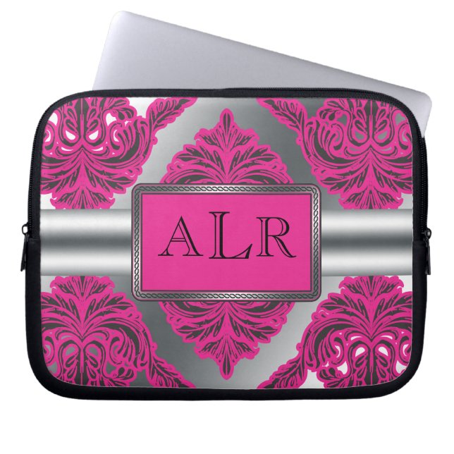 Capa Para Notebook Rosa ornamentado do damasco, preto, prata (Frente)