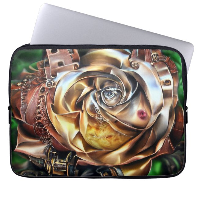 Capa Para Notebook Rosa Steampunk com Face Surreal - Flor Mecânico (Frente)