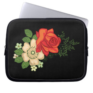 Capa Para Notebook Rosa Vermelha e Margaridas em Fundo Preto