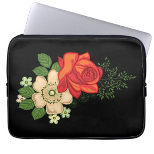 Capa Para Notebook Rosa Vermelha e Margaridas em Fundo Preto