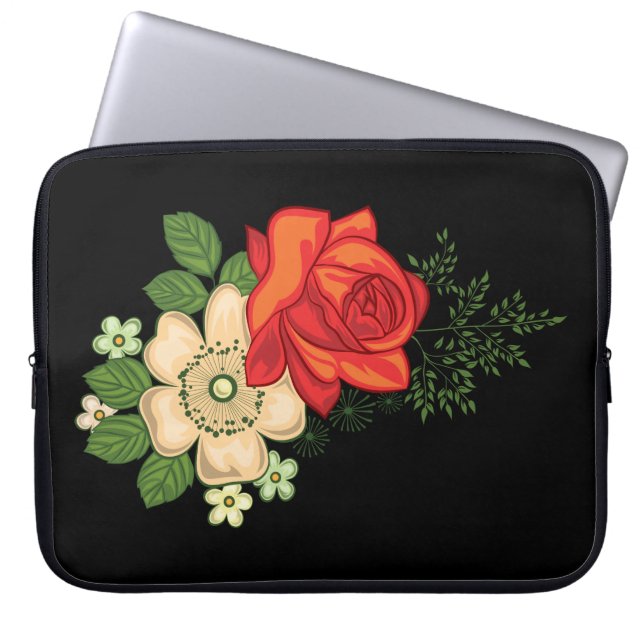 Capa Para Notebook Rosa Vermelha e Margaridas Fundo Preto (Frente)