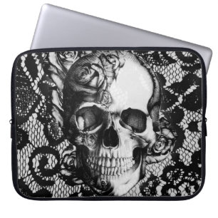 Capa Para Notebook Rosas e crânio preto e branco do laço