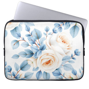 Capa Para Notebook Rosas Pêssego Padrão de Eucalipto Azul Empoeirado