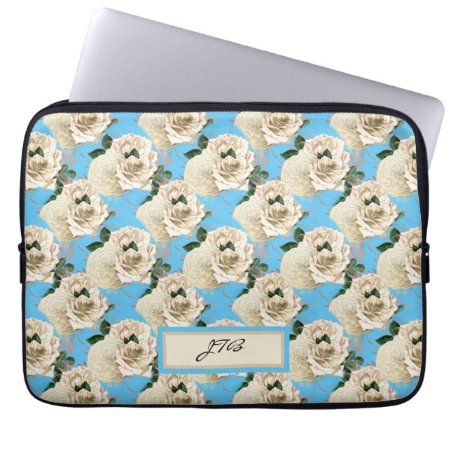 Capa Para Notebook Rosas românticas de marfim sobre o Laptop azul do  (Frente)