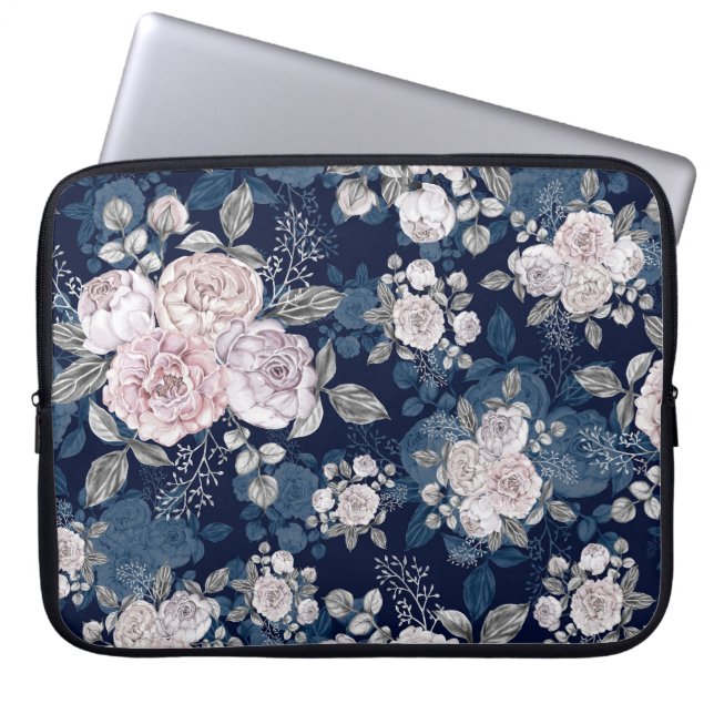 Capa Para Notebook Rosas Rosa Azul Escuro: Vintage (Frente)