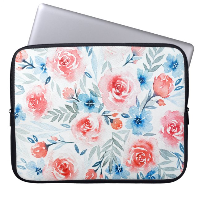 Capa Para Notebook Rosas Rosa Flores Azuis Flores Aquáticas Padrão Fl (Frente)