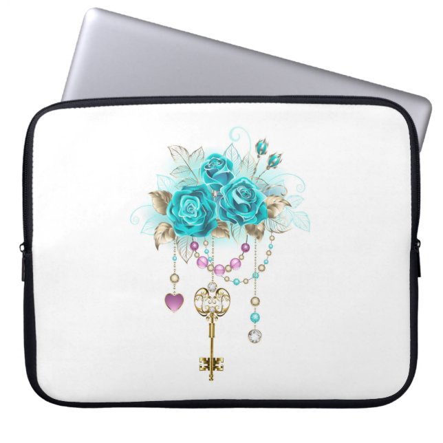 Capa Para Notebook Rosas Turquesas com Chaves (Frente)
