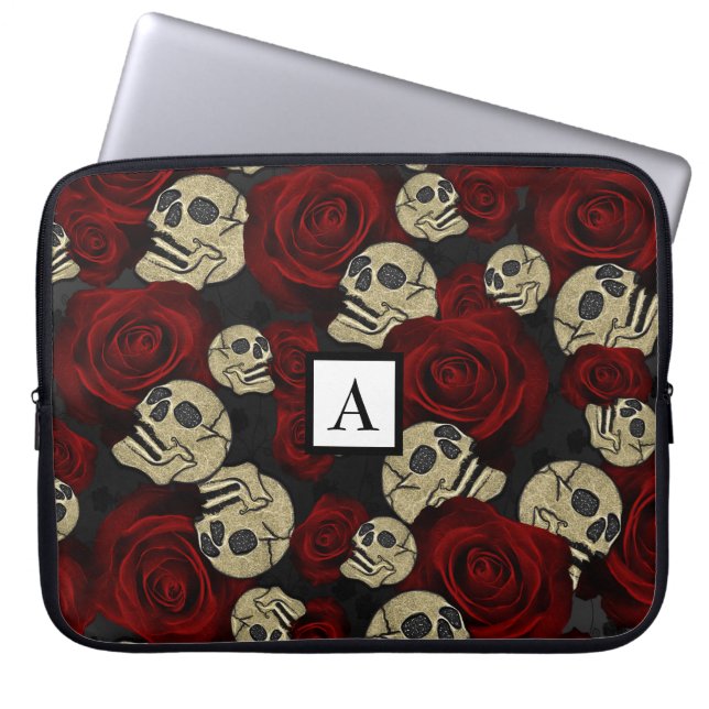 Capa Para Notebook Rosas vermelhas e crânios Cinza Gótica Floral Pret (Frente)
