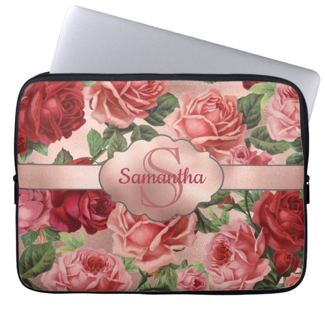 Capa Para Notebook Rosas vermelhas Rosa Elegante Monogramas Florais (Frente)